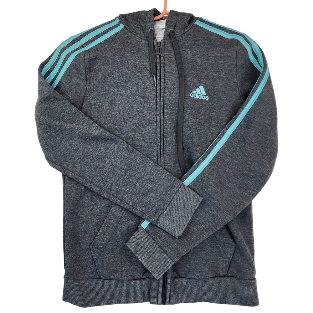 Adidas Small Gray Teal 3 Stripe Full Zip Hoodie Sweatshirt Sporty Gym Athleisure